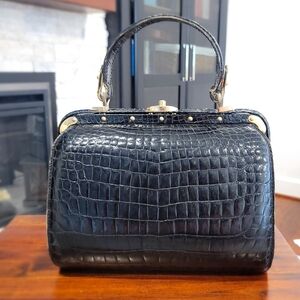 Elegant Black Crocodile Leather French Top Handle Bag